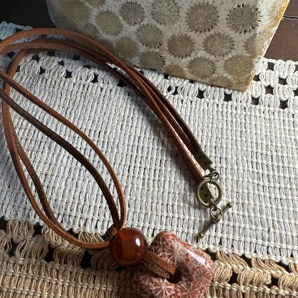 Coral Fossil Square Donut Pendant on Brown Two Tone Faux Leather Double Cord - Picture 9 of 11